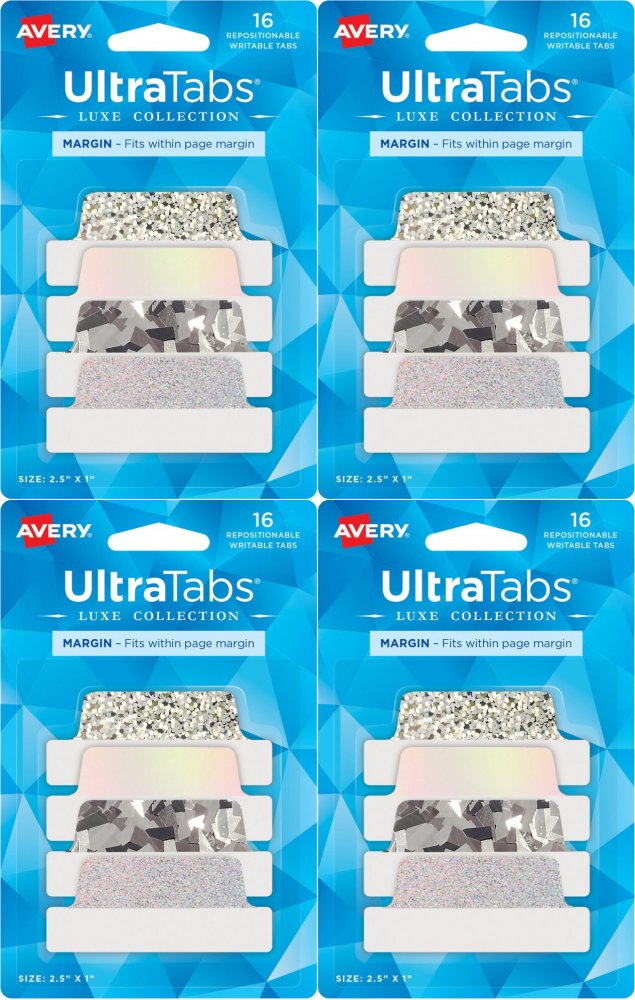 4x Zakładki samoprzylepne Avery Zweckform Ultra Tabs 74179, indeksujące, folia, 63.5 x 25.4mm, 16 sztuk, srebrny holograficzny
