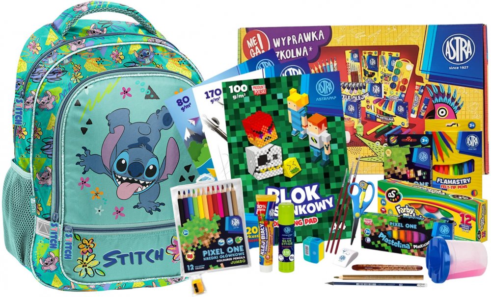 Zestaw: Plecak szkolny Paso Disney Stitch + Wyprawka szkolna dla klas 1-3 Astra Pixel One (L), 21 elementów