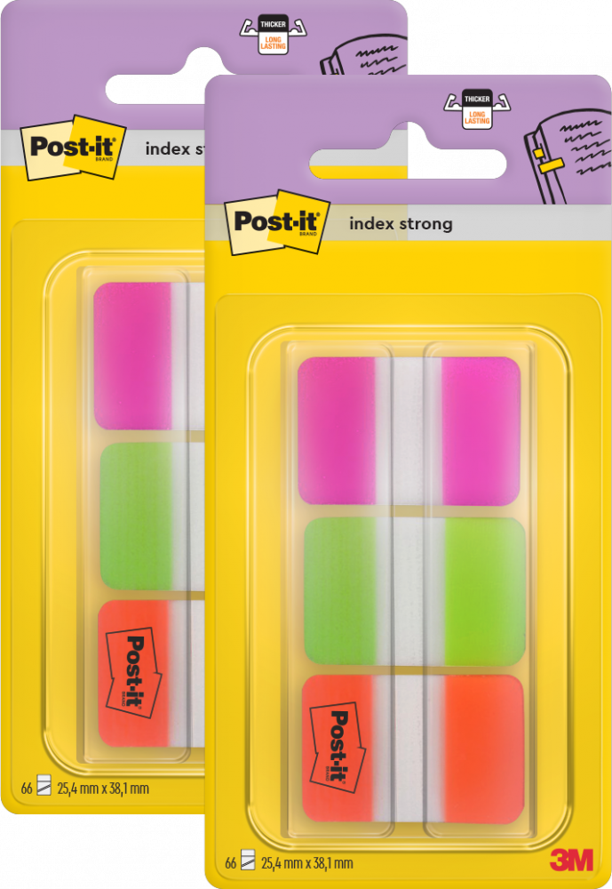 2x Zakładki samoprzylepne Post-it proste, indeksujące, silne, folia, 38x25mm, 3x22 sztuki z pomarańczowym