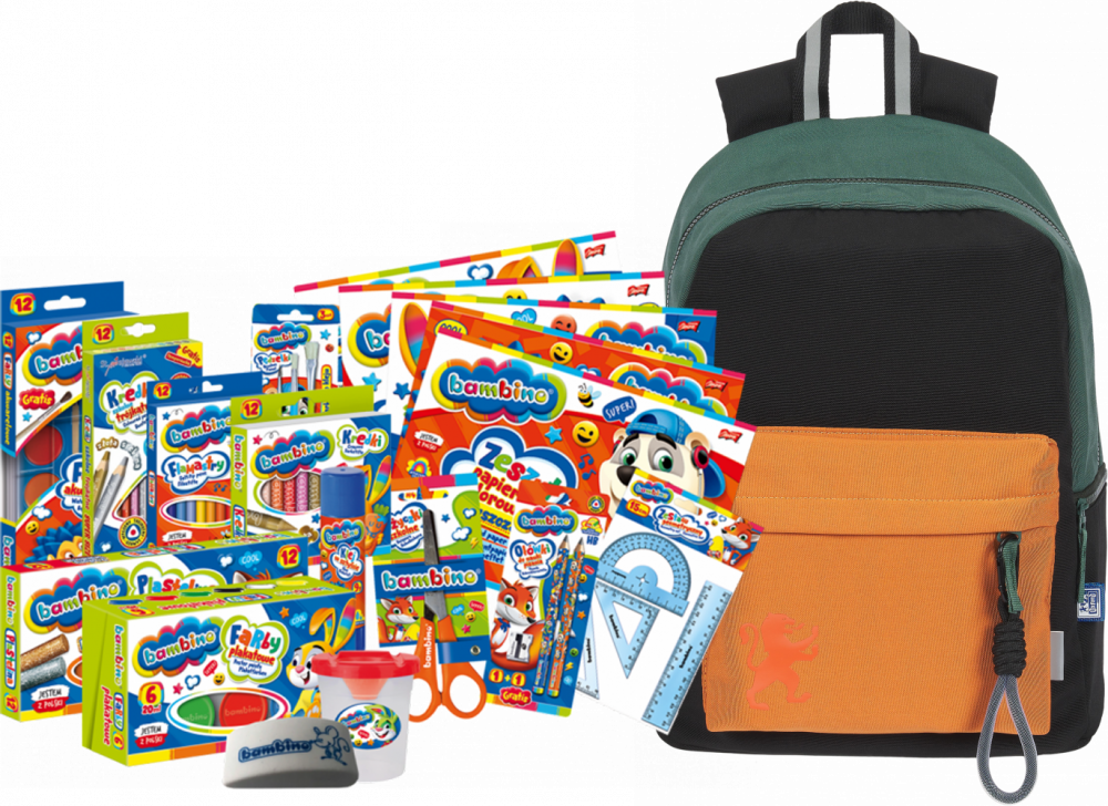 Zestaw: Plecak szkolny Oxford Funky, zielono-brązowy + Wyprawka szkolna Bambino, 18-elementów