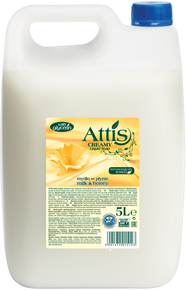 Mydło w płynie Attis Gold Drop Creamy mleko i miód, zapas, 5l