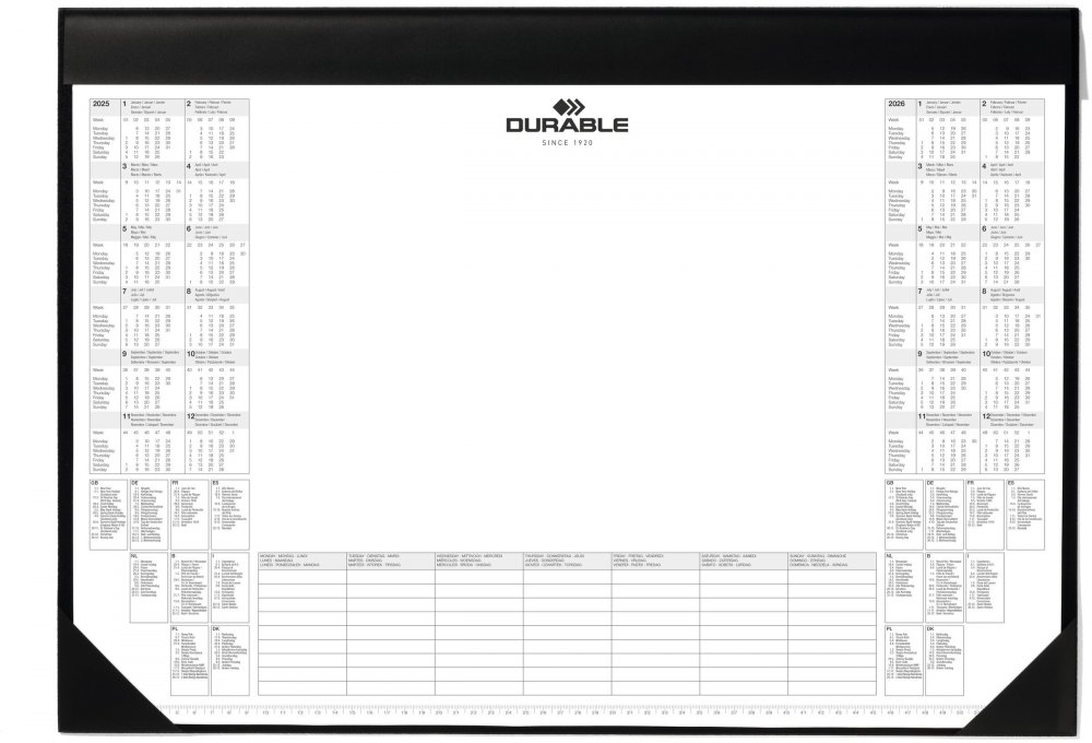 Podkład na biurko Durable, z kalendarzem 2025/2026 i notatnikiem, 59x42cm, z listwą, czarny
