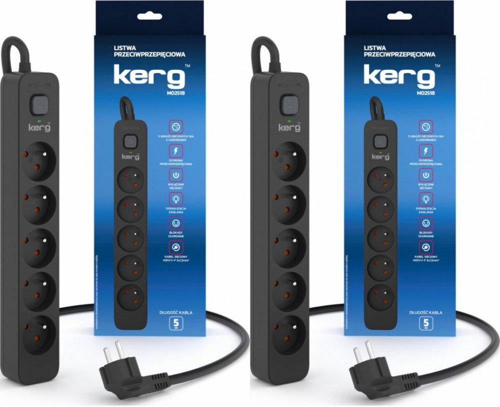 2x Listwa przeciwprzepięciowa Kerg, 5m, 5 gniazd, czarny