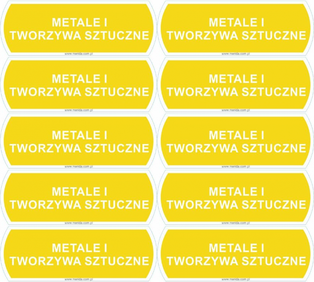 10x Etykieta (naklejka) na kosz do segregacji Merida DX671, "metale i tworzywa sztuczne", 10x3.5cm, żółty