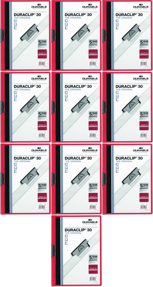 10x Skoroszyt plastikowy z klipsem Durable Duraclip, A4, do 30 kartek czerwony