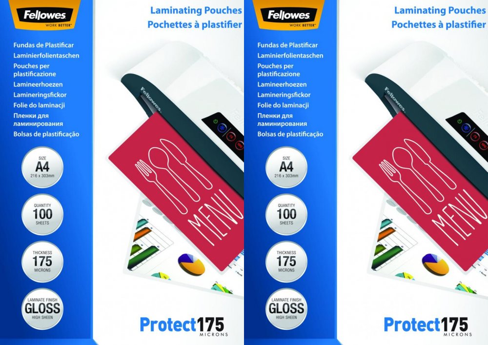 2x Folia do laminowania Fellowes, 216x303mm, A4, 2x175 μm, błyszcząca, 100 sztuk