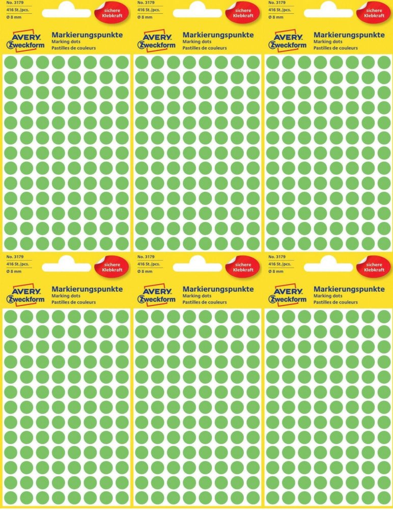 6x Etykiety oznaczeniowe Avery Zweckform, okrągłe, średnica 8mm, 416 sztuk, zielony odblaskowy