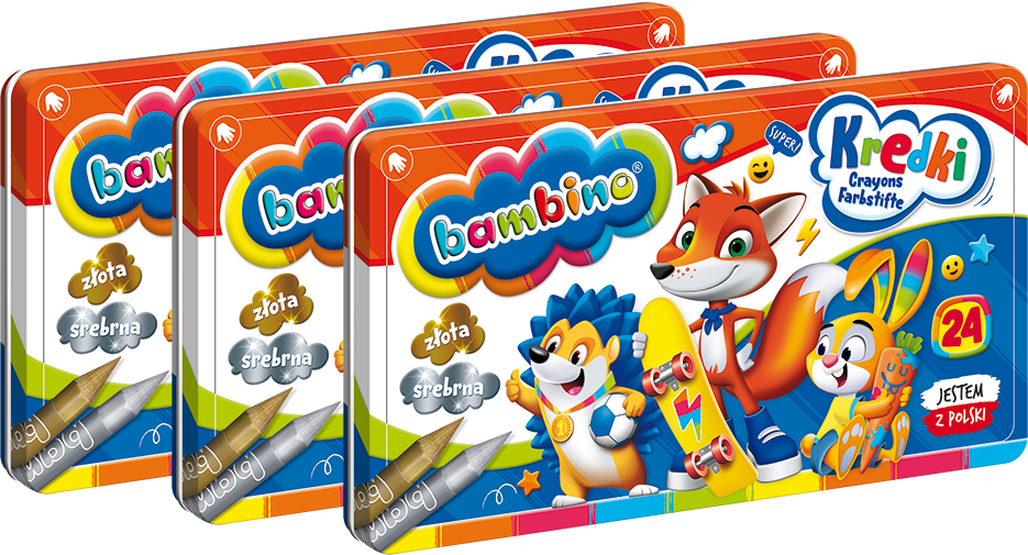3x Kredki Bambino Zwierzaki Uczniaki, w metalowym pudełku, 24 sztuki, mix kolorów