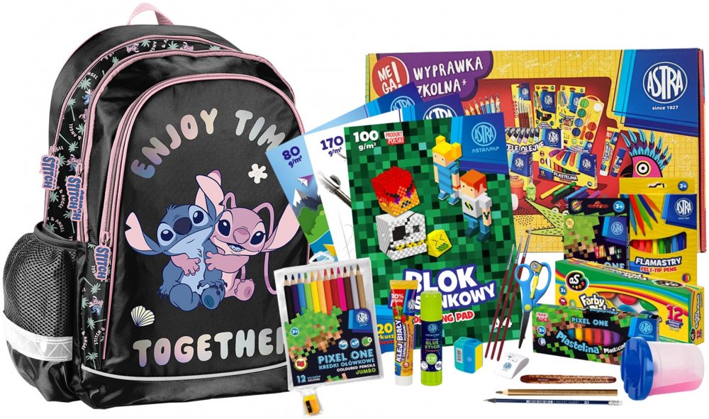 Zestaw: Plecak szkolny Paso Disney Stitch, czarny + Wyprawka szkolna dla klas 1-3 Astra Pixel One (L), 21 elementów