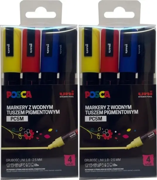 2x Marker Posca PC-5M, z farbą plakatową, okrągła, 4 sztuki, mix kolorów