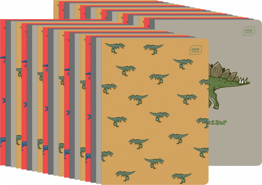 40x Zeszyt w wąskie kolorowe linie Interdruk UV Dinozaurus, A5, 32 kartki, mix wzorów