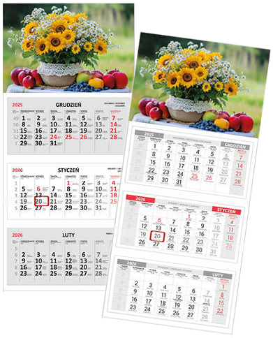 2x Kalendarz ścienny 2026, Udziałowiec, trójdzielny, 310x680mm, kwiaty
