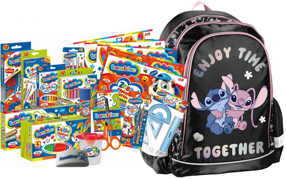 Zestaw: Plecak szkolny Paso Disney Stitch + Wyprawka szkolna Bambino, 18-elementów