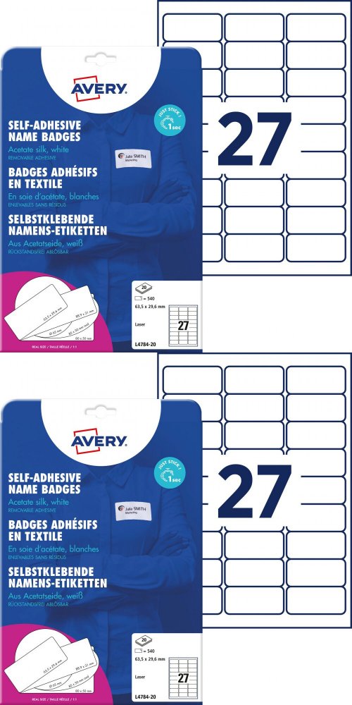 2x Identyfikator samoprzylepny Avery Zweckform, 63.5x29.6mm, sztuczny jedwab, 20 arkuszy, biały