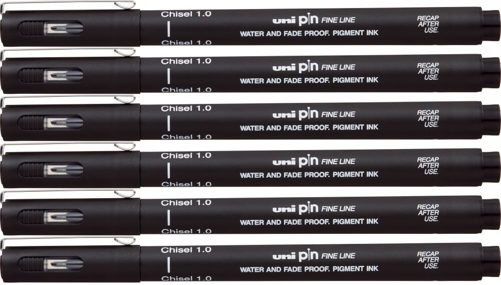 6x Cienkopis kreślarski Uni PIN-200, ścięta końcówka, 1.0mm, czarny
