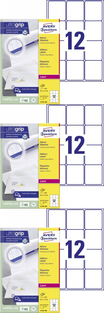 3x Etykiety adresowe Avery Zweckform QuickPeel, 63.5x72mm, 100 arkuszy, biały