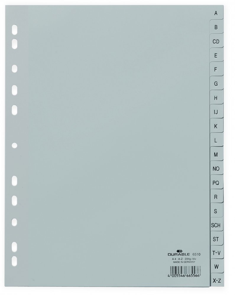 Przekładki do segregatora Durable, plastikowe, alfabetyczne (A-Z), A4, 20 kart, szary