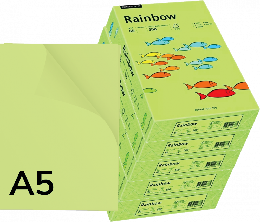 5x Papier kolorowy Rainbow, A5, 80g/m2, 500 arkuszy, jasny zielony (R74)