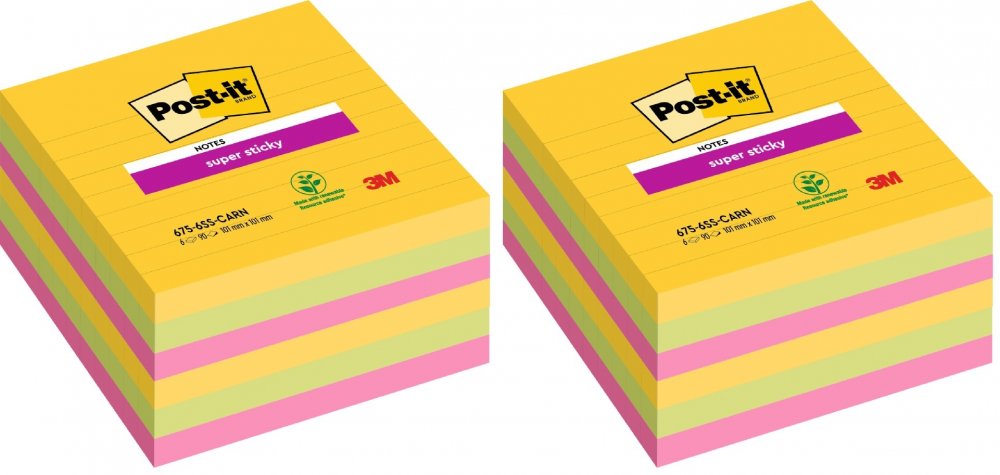 2x Karteczki samoprzylepne Post-It Super Sticky Rio De Janeiro, w linie, 101x101mm, 6x90 karteczek, mix kolorów