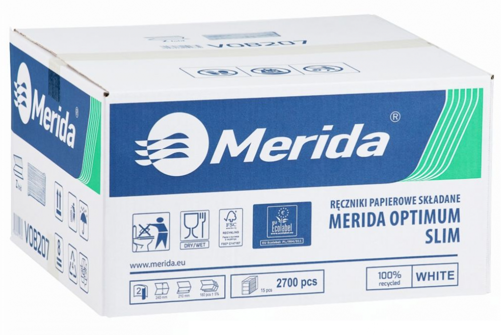 Ręcznik papierowy Merida Optimum Slim, dwuwarstwowy, w składce Z, 15x180 listków, biały