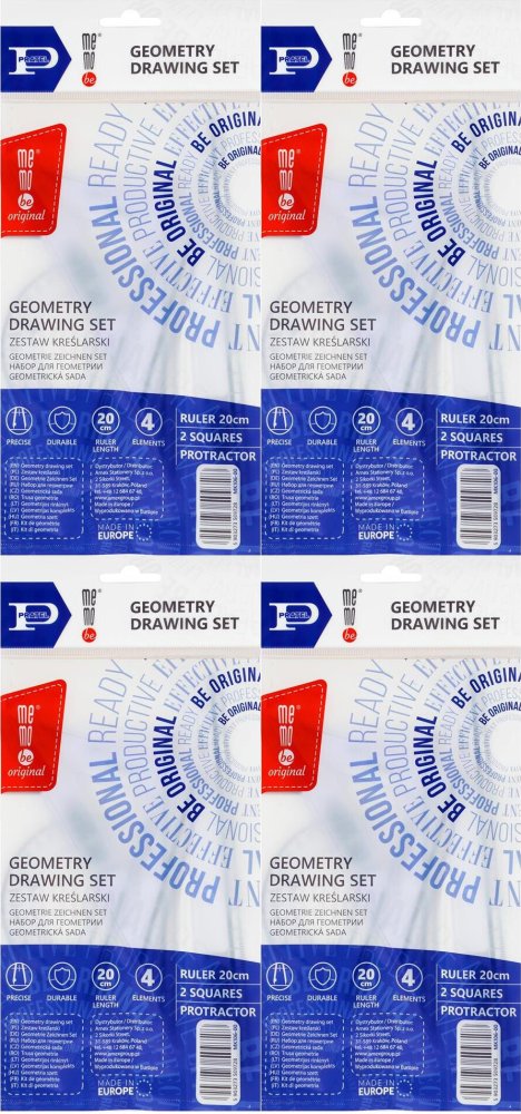 4x Zestaw kreślarski MemoBe by Pratel, z linijką 20cm, 4 elementy, transparentny