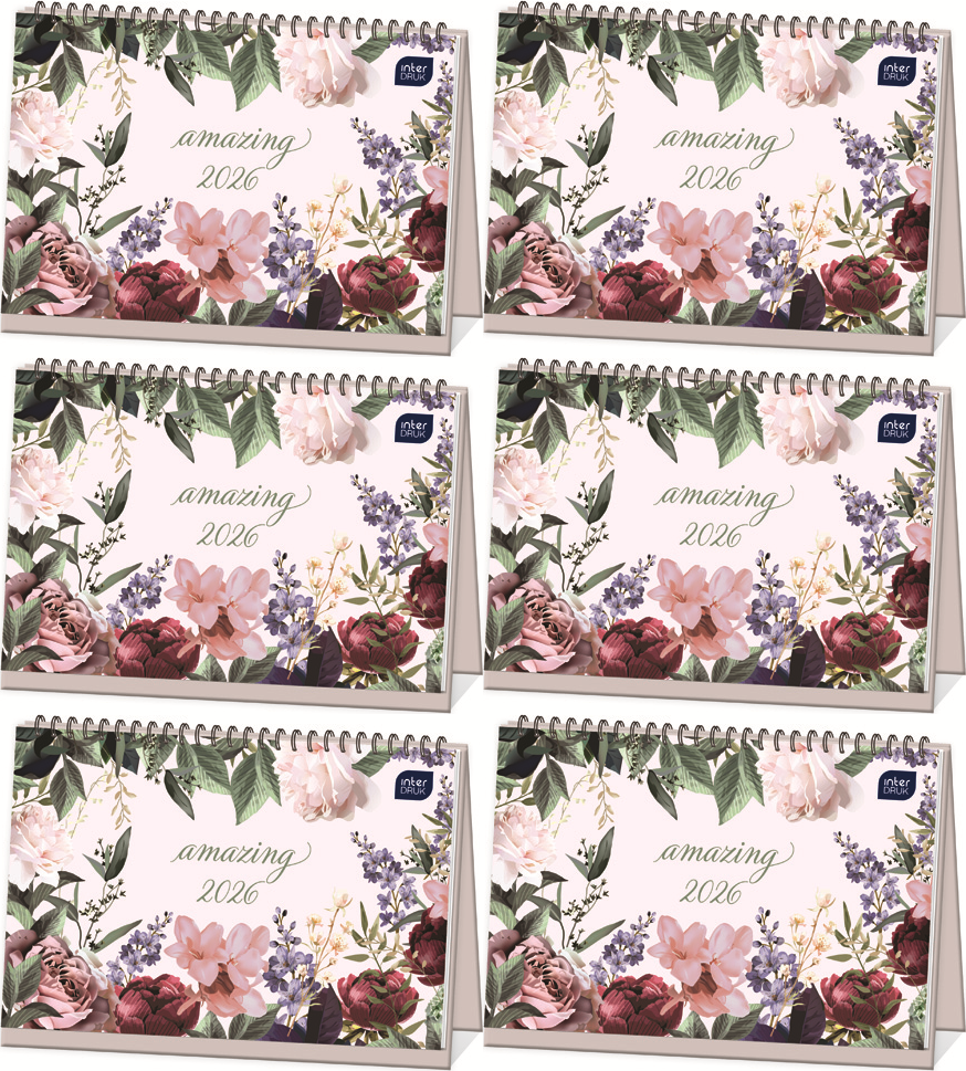 6x Kalendarz na biurko 2026, Interdruk, poziomy, 30x21cm, tygodniowy, Kwiaty