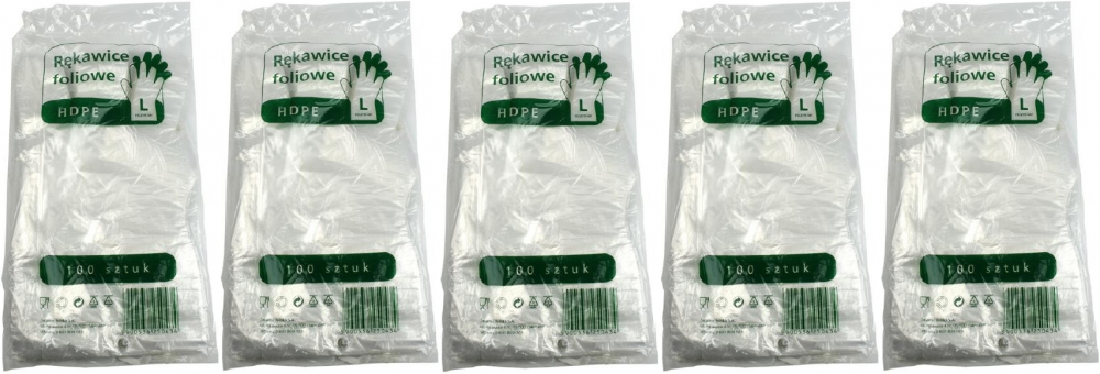 5x Rękawiczki jednorazowe foliowe Sarantis, HDPE, rozmiar L, 100 sztuk, przezroczysty