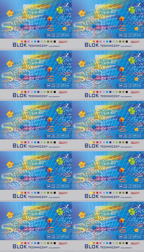 10x Blok techniczny Kreska Vincent, A4, 12 kartek, kolorowy