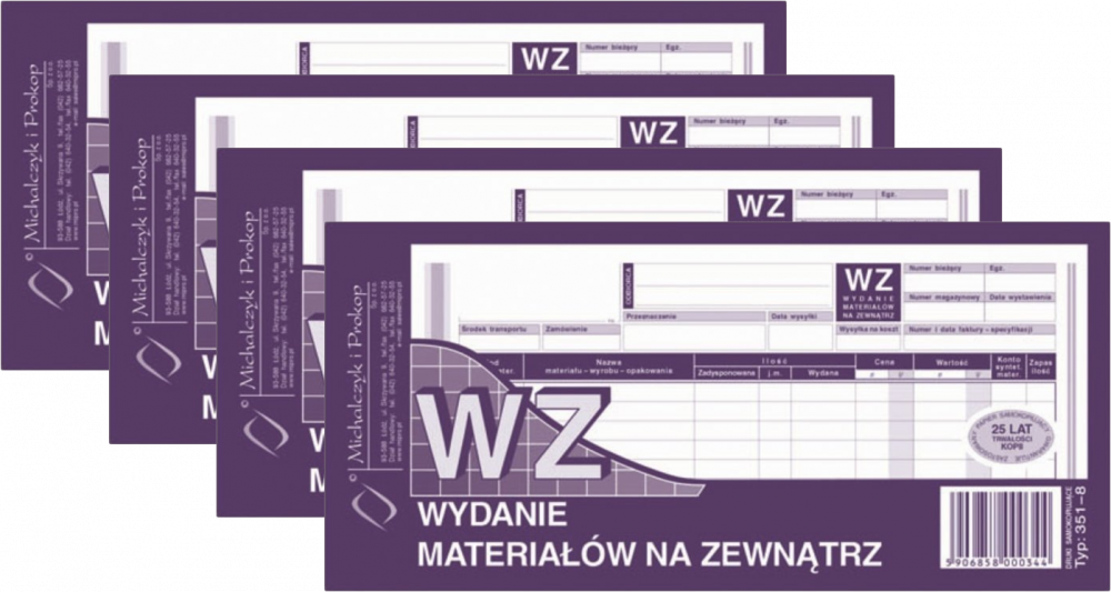 4x Druk akcydensowy WZ Wydanie materiałów na zewnątrz MiP 351-8, 1/3 A4, wielokopia, 80k