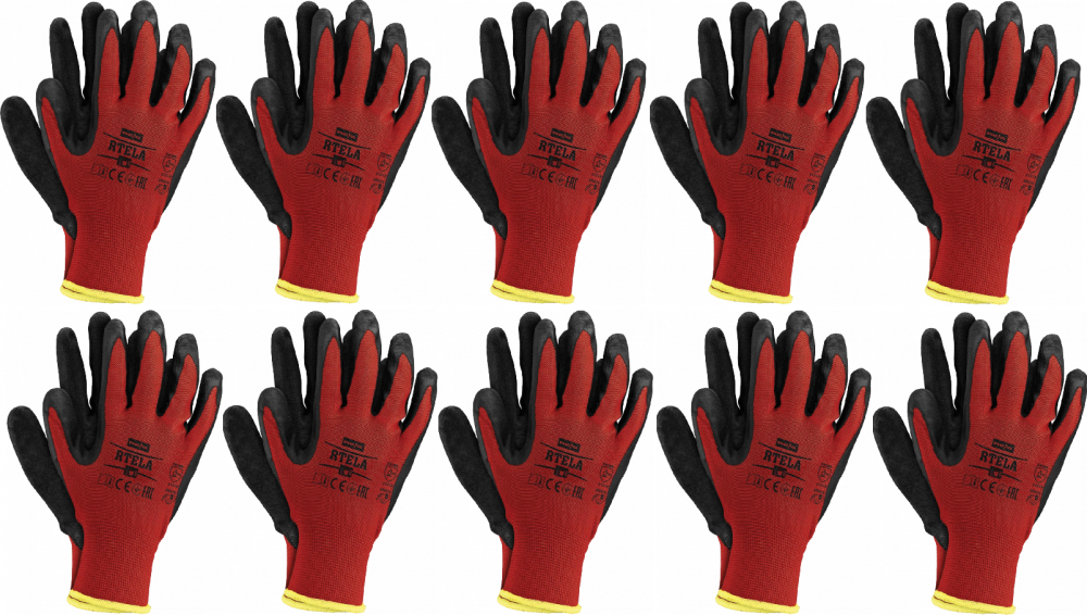 10x Rękawice robocze Reis Rtela, powlekane, rozmiar 8, czerwono-czarny