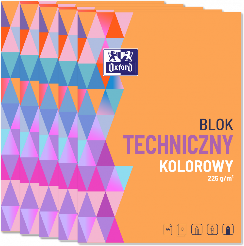5x Blok techniczny, A4, 10 kartek, kolorowy, barwiony w masie