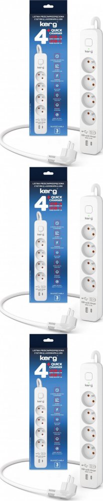 3x Listwa przeciwprzepięciowa Kerg, 3m, 4 gniazda + szybka ładowarka 1xUSB-A/1x USB-C, biało-szary