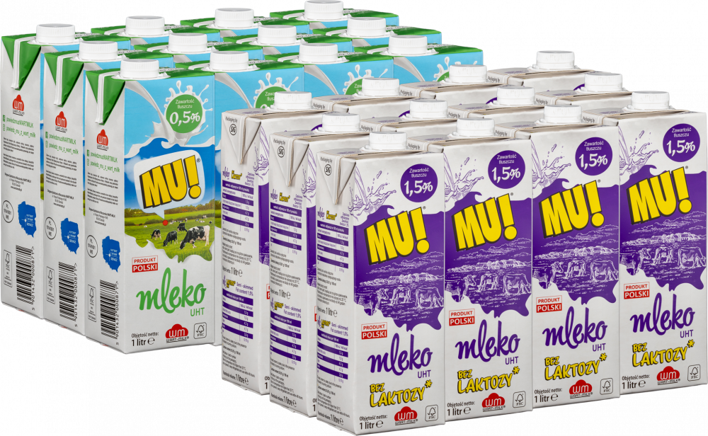 Zestaw: 12x Mleko UHT Wart-Milk MU!, bez laktozy, 1.5%, 1l + 12x Mleko UHT Wart-Milk MU!, 0.5%, 1l