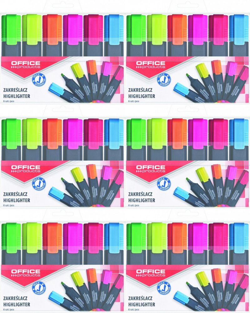 6x Zakreślacz Office Products, ścięta, 6 sztuk, mix kolorów fluorescencyjnych