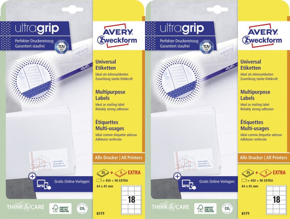 2x Etykiety samoprzylepne Avery Zweckform, 64x45mm, 25 arkuszy + 5 gratis, biały