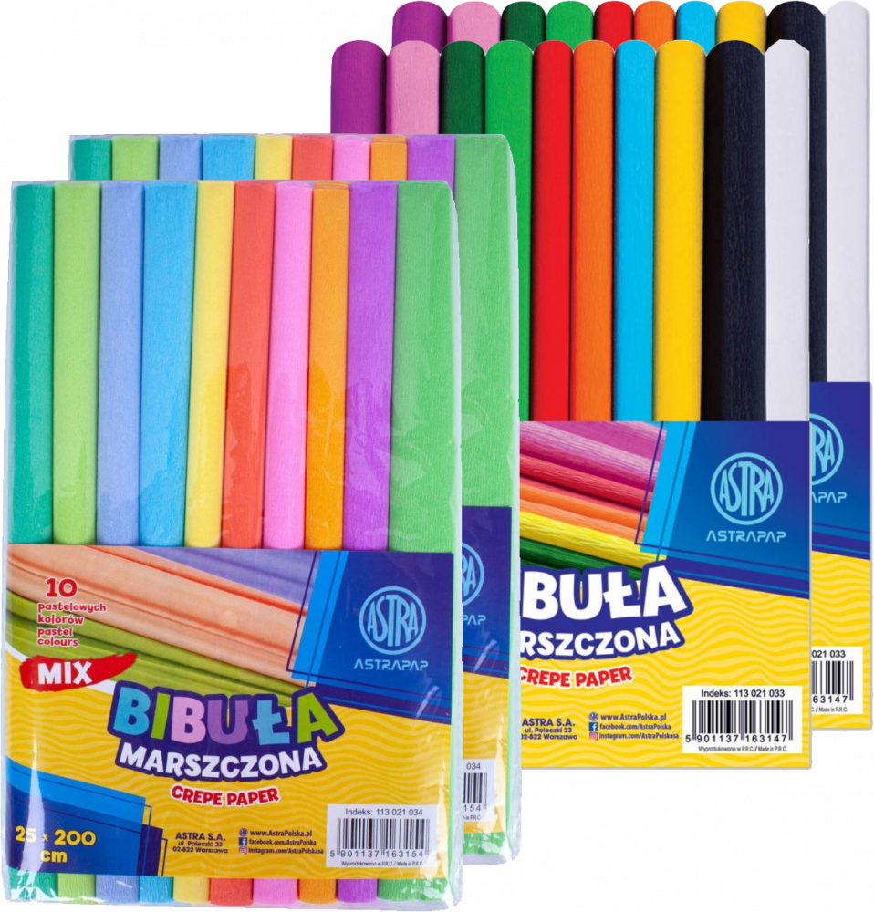 Zestaw: Bibuła marszczona Astra Astrapap, 200x25cm, 20 sztuk mix kolorów + 20 sztuk mix kolorów pastelowych