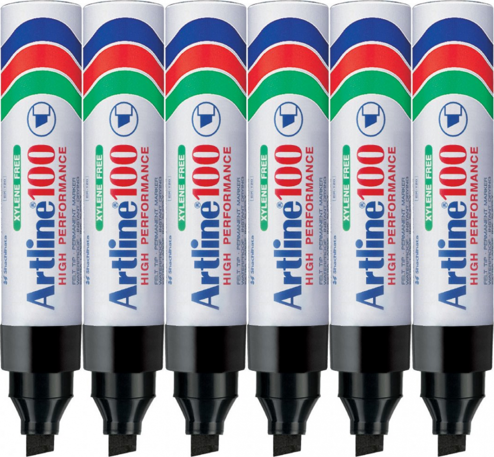 6x Marker permanentny Artline AR-100, napełnialny, ścięta, 7.5–12 mm, czarny