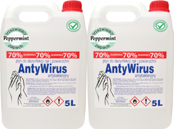 2x Płyn do dezynfekcji rąk Kala AntyWirus Peppermint, 70% alk., 5 l