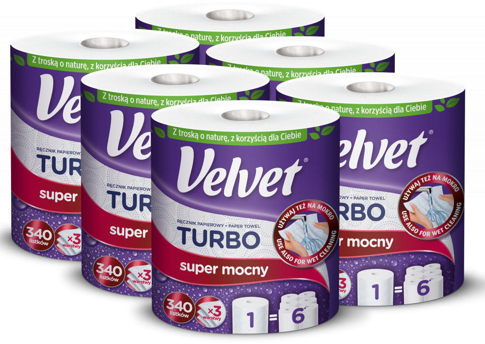 6x Ręcznik papierowy Velvet Turbo, 3-warstwowy, 78.21m, w roli, 1 rolka, biały
