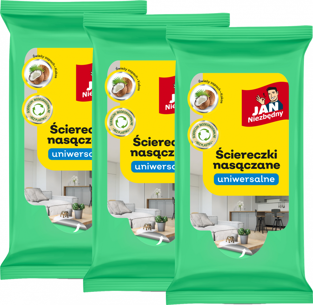 3x Ściereczki nasączane uniwersalne, Jan Niezbędny, 20x25 cm, 40 sztuk