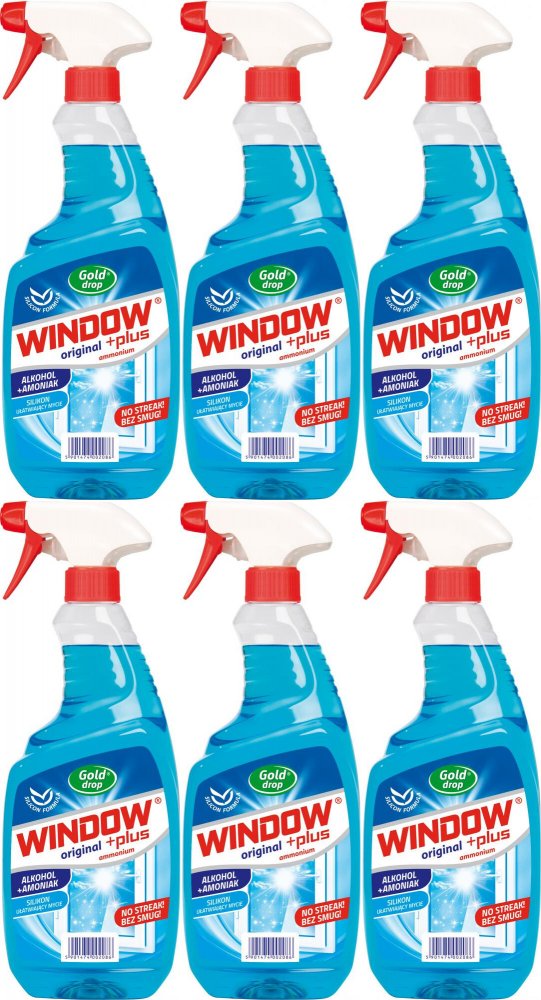 6x Płyn do mycia szyb Window Plus Gold Drop, z amoniakiem, z rozpylaczem, 750ml