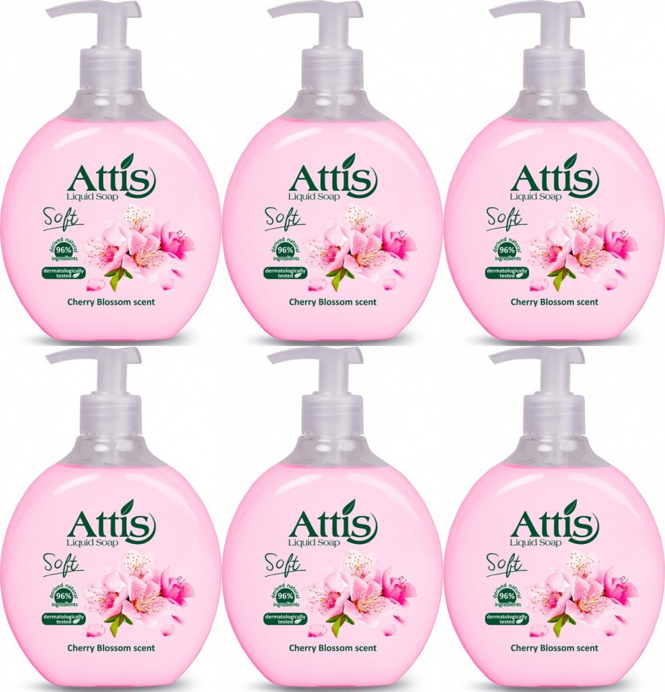 6x Mydło w płynie Attis Soft Gold Drop, kwiat wiśni, z dozownikiem, 500ml