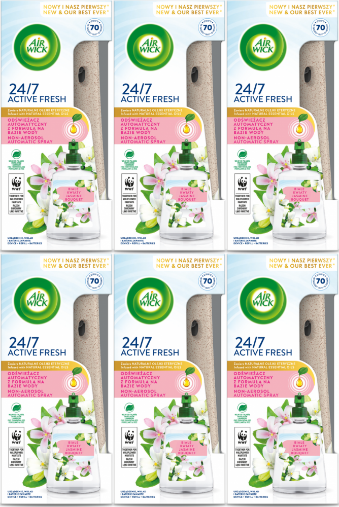 6x Odświeżacz powietrza Air Wick wkład + urządzenie, Active Fresh, białe kwiaty/ jaśmin, 228ml