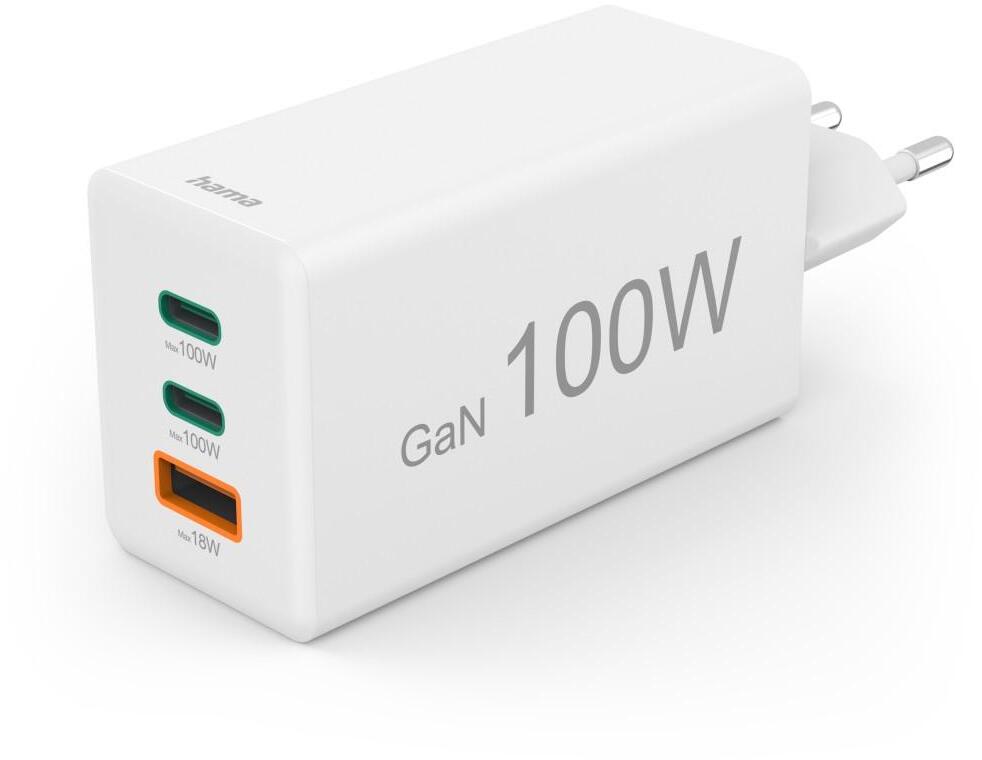 Ładowarka do telefonu Hama Mini, Power Delivery Quick Charge, GaN, 2xUSB-C/USB-A, 100W, biały
