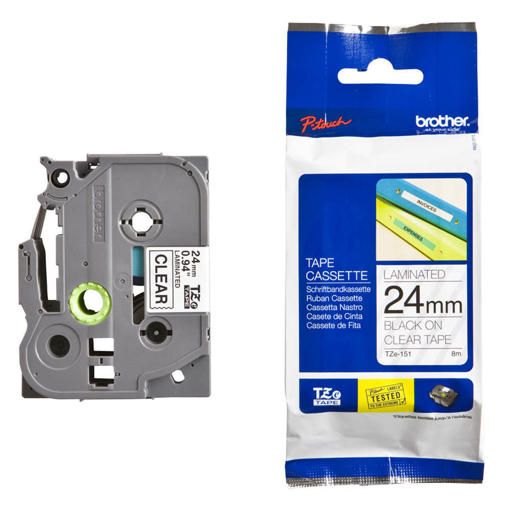 Taśma laminowana do drukarek etykiet Brother TZE-151, 24mmx8m, nadruk czarny, taśma przezroczysta