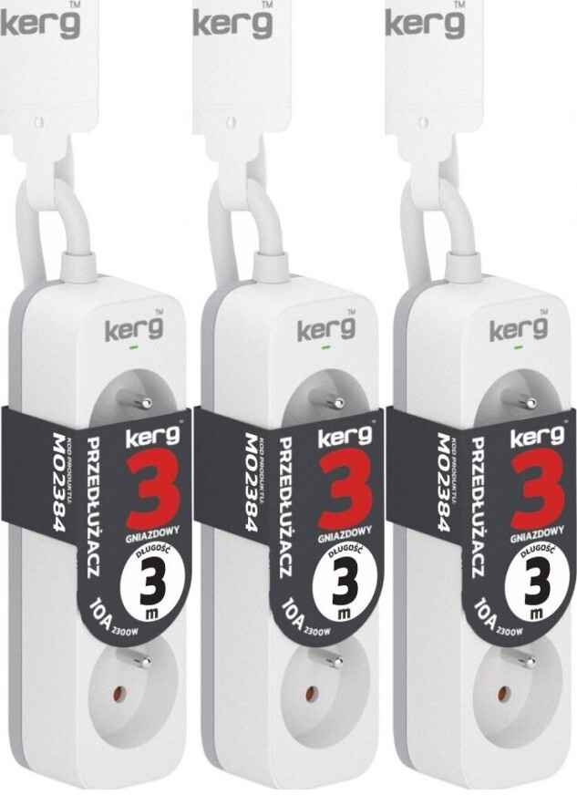 3x Przedłużacz Kerg, 3m, 3 gniazda, biało-szary