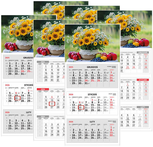 6x Kalendarz ścienny 2026, Udziałowiec, trójdzielny, 310x680mm, kwiaty
