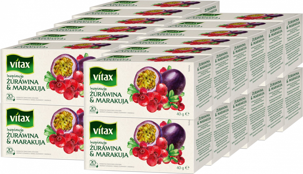 24x Herbata owocowa w torebkach Vitax Inspirations, żurawina i marakuja, 20 sztuk x 2g