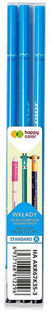 Wkłady do długopisu wymazywalnego Happy Color, Standard A, 0.5mm, 3 sztuki, niebieski