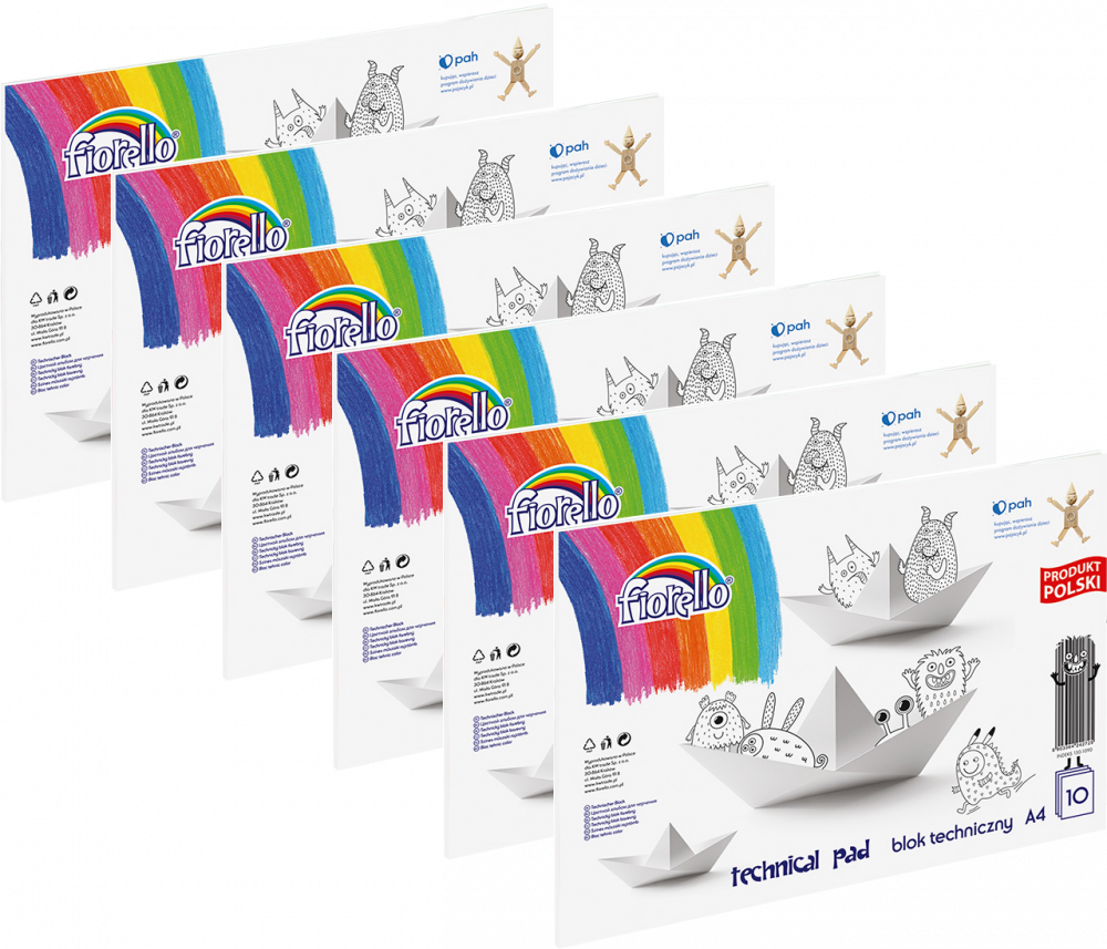 6x Blok techniczny Fiorello, A4, 10 kartek, biały